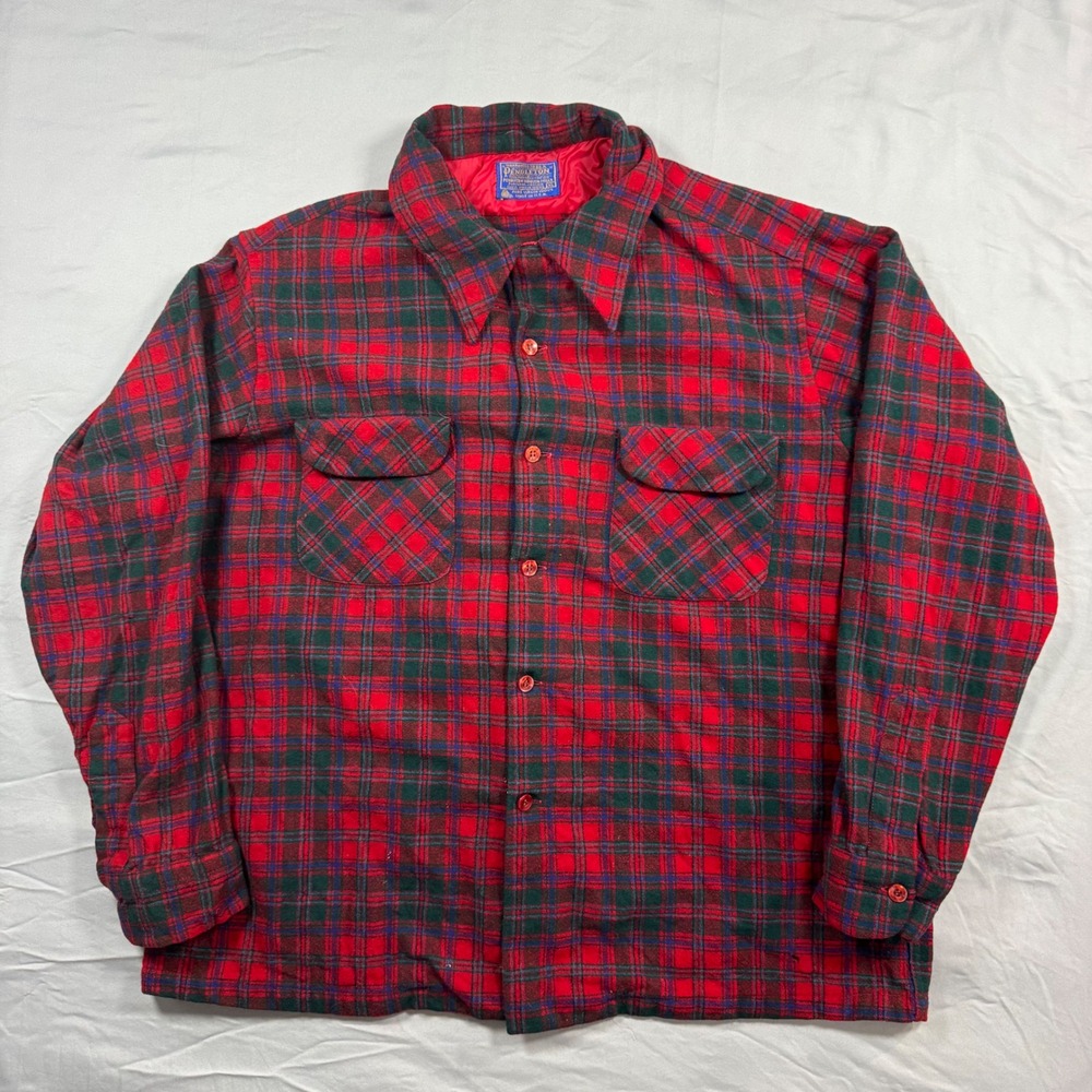 VTG Pendleton Virgin Wool Board Shirt XL Red Plaid Flannel Quilted Loop Collar